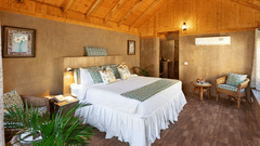 An attic style bedroom featuring double size bed, a bedside table, flower pots, and a seating area at Suryavilas Luxury Resort and Spa