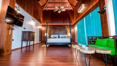 an overview of the Beach Mansion with a king bed in the centre and a tv and sofa on either side - Symphony Summer Sand Beach Resort And Spa, Neil Island