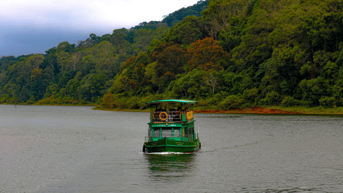 A green boat cruises across a calm river framed by lush, forested hills and an overcast sky.