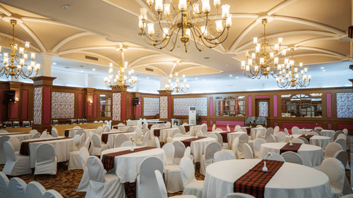 image of an elegant Banquet Hall in Kochi with chandeliers hanging from the ceiling