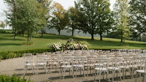 chairs set up on a lawn for a wedding