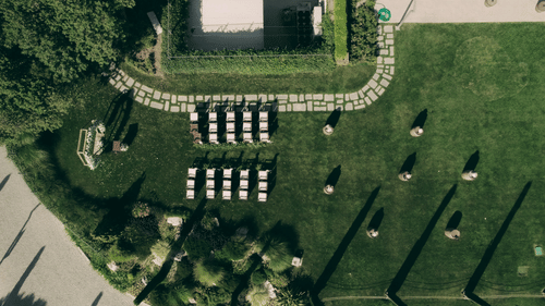overhead view of a lawn set up for an event