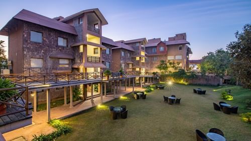 The Facade of The Baagh Ananta Elite, facing the lawn and the sitting areas in it
