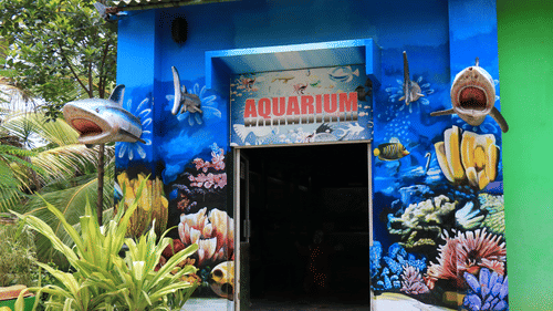 The entrance to an aquarium attraction, brightly decorated with colourful marine life paintings at Black Thunder, Coimbatore