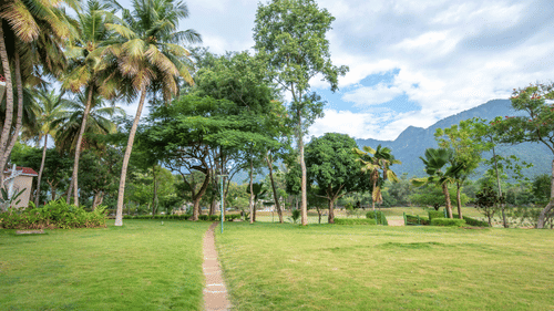 Lush lawn with coconut trees and a distant view of a resort building, set against a backdrop of blue sky and clouds - Black Thunder, Coimbatore, a perfect Stay in Coimbatore