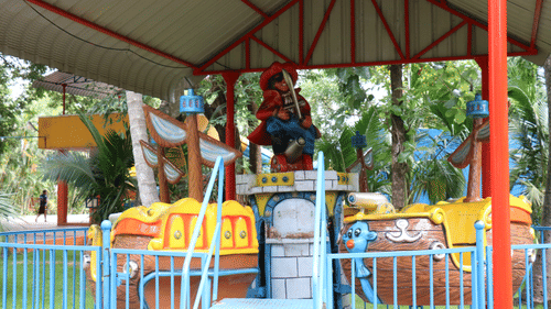 Close-up shot of the Cartoon Pirate Ride at Black Thunder, Coimbatore, featuring vibrant colours and playful pirate-themed design.