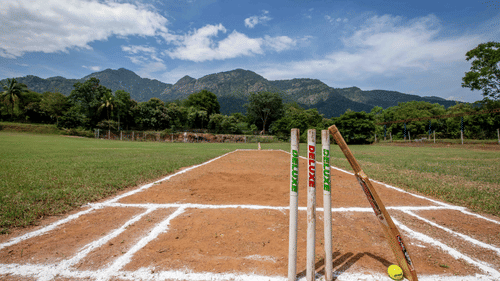 A cricket pitch with stumps set up, with a scenic view of mountains and lush green fields in the background - Black Thunder, Coimbatore