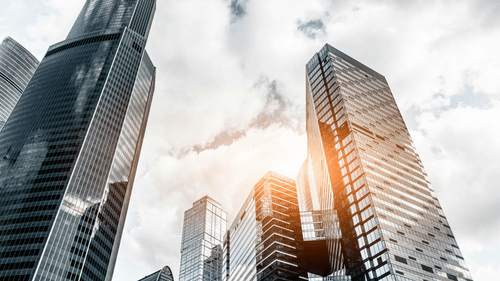 A low angle shot large buildings
