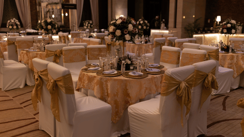Luxurious banquet hall set up for a wedding reception with round tables, floral centrepieces, elegant table settings, white chair covers with gold sashes, and warm ambient lighting.