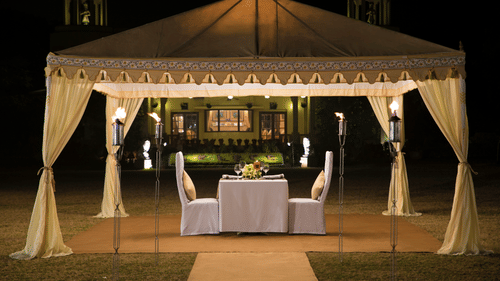 Outside dining under a tent