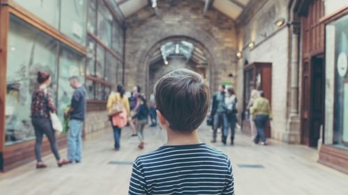 A close up shot of the back of a child looking at the people inside the museum