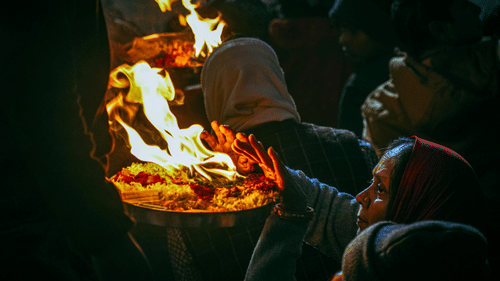 a shot of devotees praying 