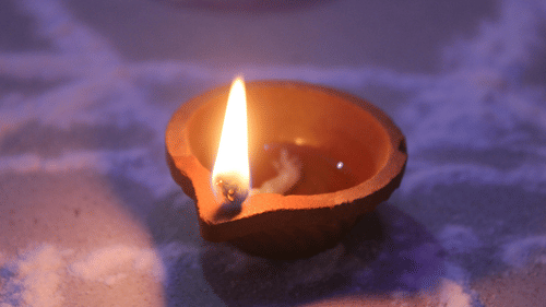 A close up of a flickering oil lamp set against an intricate Kolam design on the floor.