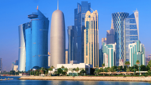 An overview of the Corniche in Doha with many skyscrapers and the beach in view.