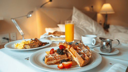 A delicious breakfast in bed with waffles, scrambled eggs, and a glass of orange juice