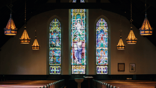A view inside the church with painted glass