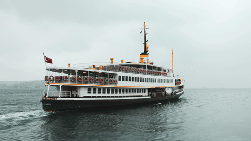 A large passenger ferry sails on the water on a grey, overcast day.