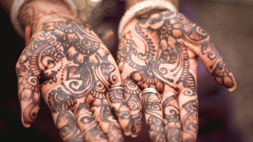 A pair of hands beautifully painted with henna turned brown