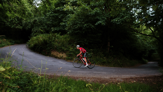 A person is cycling on a path in a green forest.