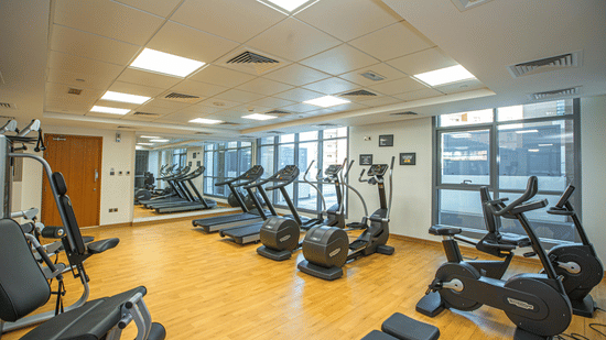  Interior of a modern gym with treadmills, elliptical machines, and stationary bikes arranged on a wooden floor, large windows allowing natural light, ceiling lights, and mirrors lining one wall.
