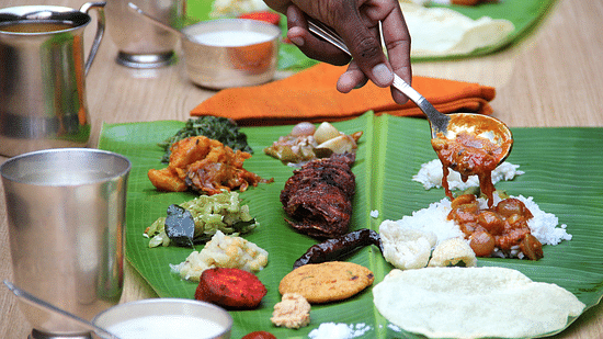Food being served on a banana lead at Visiri Hall - Chidambara Vilas