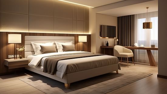 A spacious, well-lit room featuring a double bed, ambient lighting, contemporary decor, a seating area, and large windows with curtains.