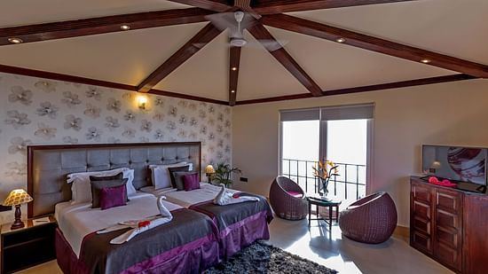 twin bedding with purple sheets and purple bean bags at one of the rooms 3