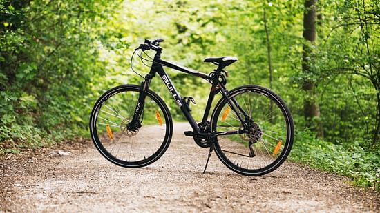 A black mountain bike parked on a trail.