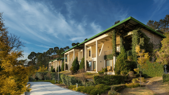 Facade of Suryavilas Luxury Resort and Spa in Solan with a paved driveway and green climbing plants on its exterior walls, under a blue sky with clouds