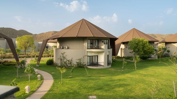 Long view of a two floored building with balcony at Ananta Spa and Resort, Ajabgarh