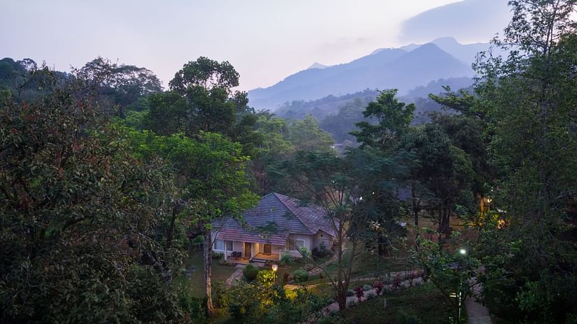 A mountain view features trees and a glimpse of a building amidst the natural landscape. - Abad Brookside Lakkidi, Wayanad