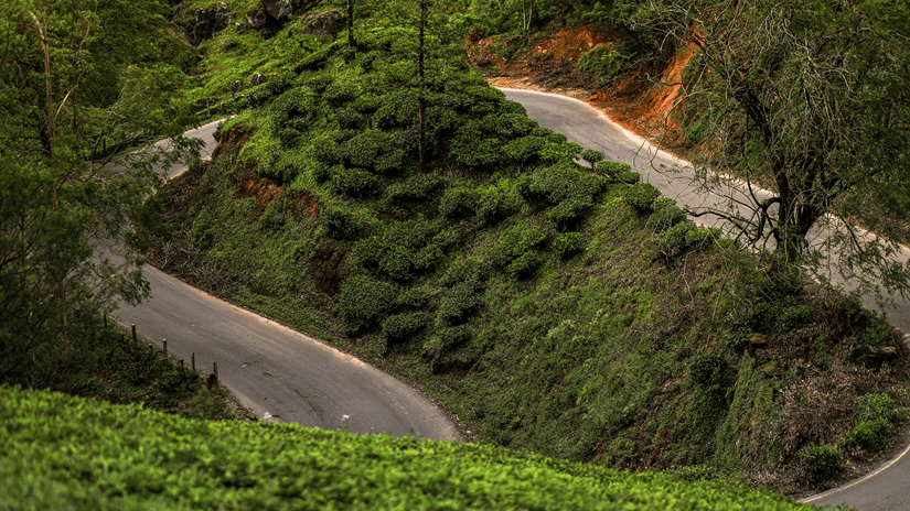 A mountain road featuring hairpin curves, often seen on the route from Munnar to Thekkady