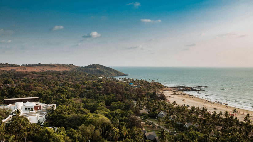An aerial view of a sandy coastline and blue sea, bordered by lush green tropical trees and white buildings in Goa.