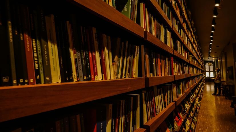 Rows of books neatly arranged on wooden shelves