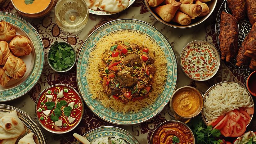 Top-view of a spread of assorted Indian dishes including curries, bread, and chutneys arranged on a table.
