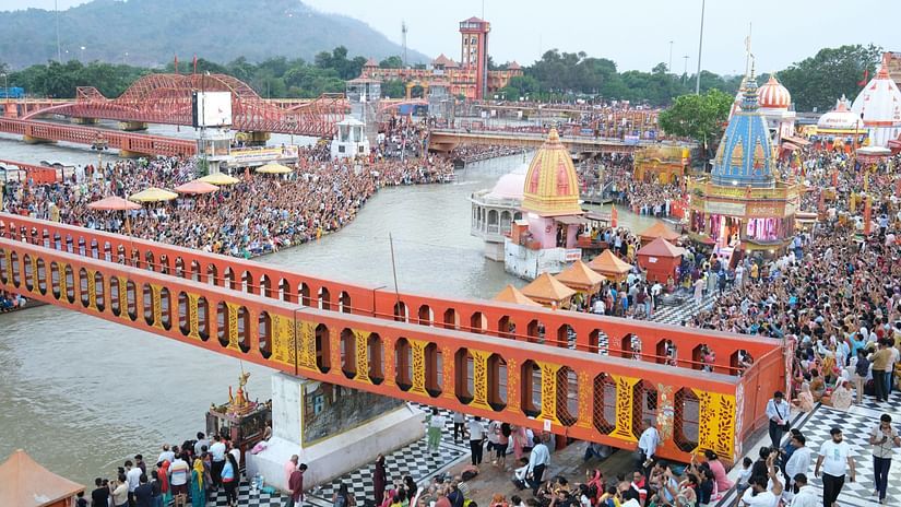 An aerial view of Har Ki Pauri with people bathing near the river