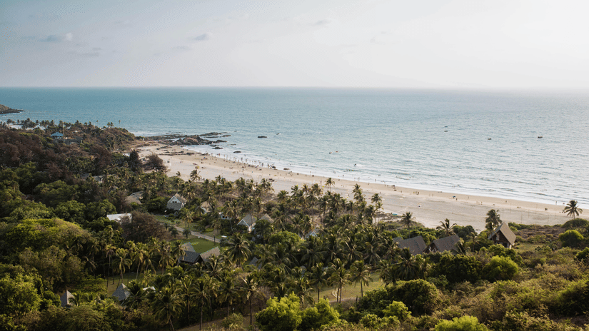 An elevated view of a wide, sandy beach lined with palm trees, meeting the ocean under a bright sky in the background.