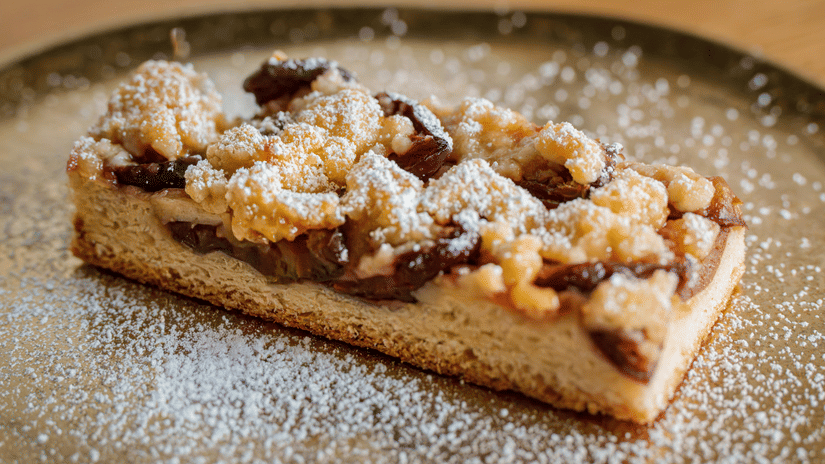 Slice of freshly baked dessert tart topped with fruit and dusted with icing sugar.