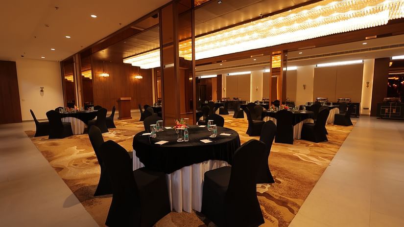 view of the banquet hall with chairs and tables at Pride Elite, Haridwar