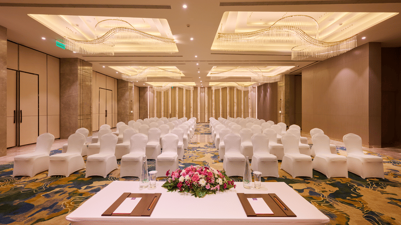Conference and meeting hall at Riviera Sarovar Portico, Pathankot arranged theatre style, suitable for corporate meetings and professional events.
