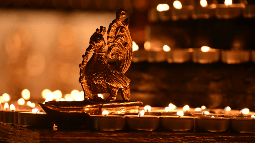 Ornate brass lamp surrounded by rows of glowing diyas in a festive setting for Thirukarthigai
