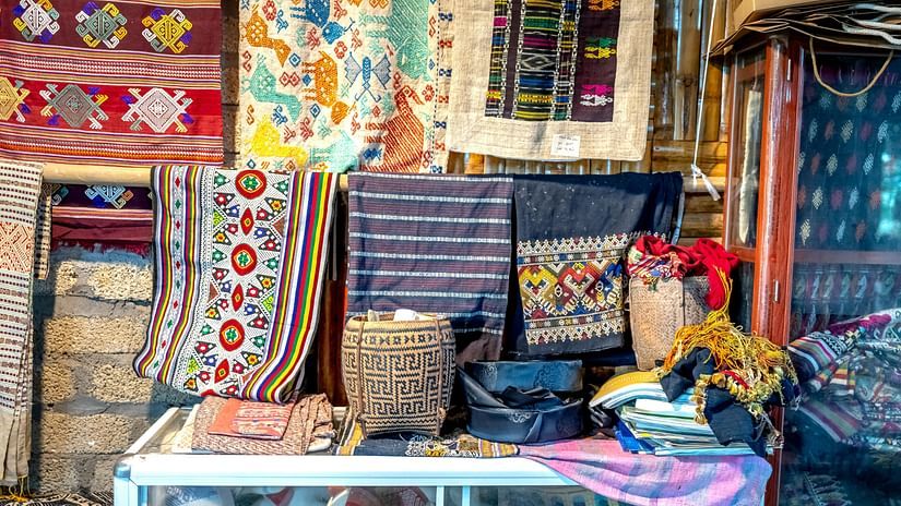 Colorful traditional textiles on display indoors