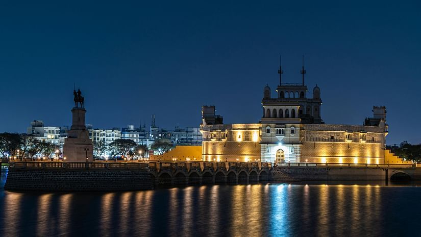 Facade view of Lakhota Fort at night. 