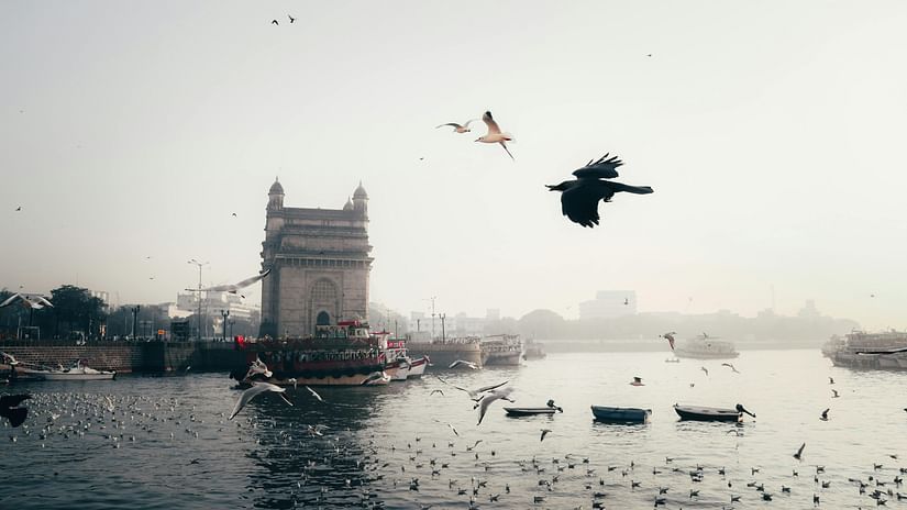 Image of Gateway of India with birds flying above it.