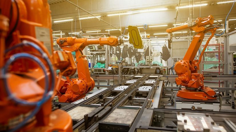 An overview of a factory with automated machines to finish a product.