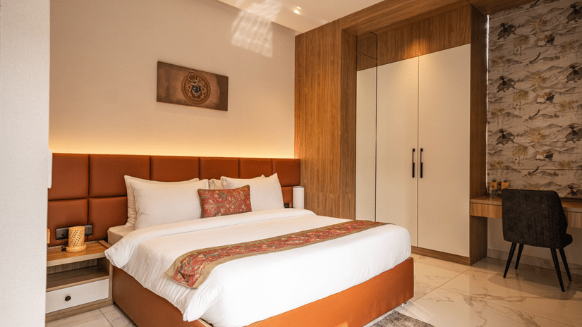 view of a Bedroom in the presidential suite at Triptam Hotel, Vrindavan