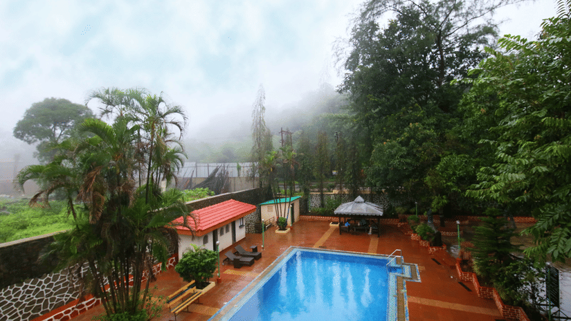 A tranquil swimming pool sits at the heart of a lush garden with mist lingering among the trees | Zara's Resort