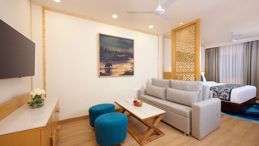 view of the living area in the Cottage at ABN Sarovar Portico, Jim Corbett