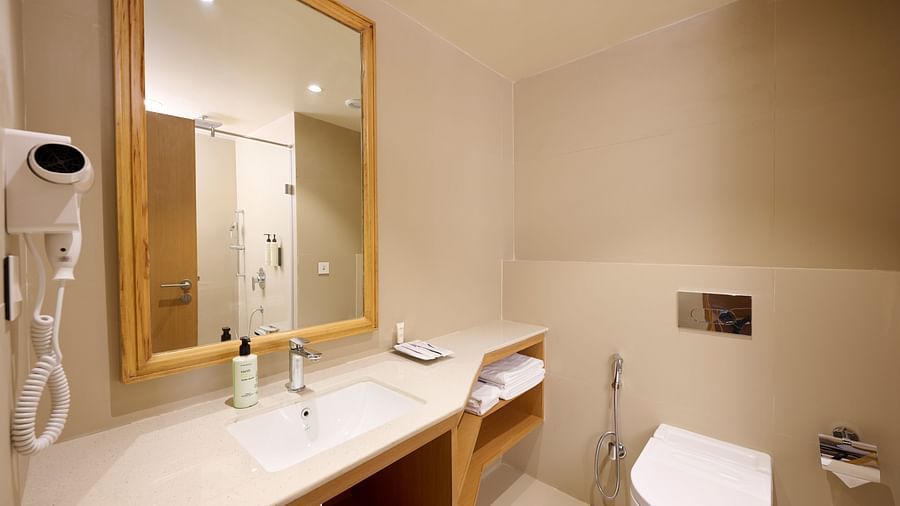 wash basin, mirror, water closet and toiletries in the bathroom of the Deluxe room at ABN Sarovar Portico, Jim Corbett