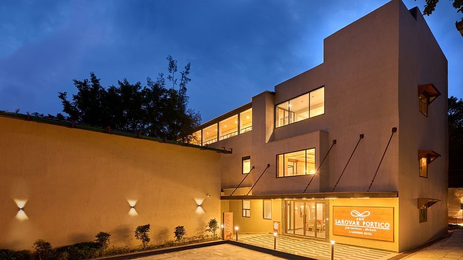 exterior facade of ABN Sarovar Portico, Jim Corbett in the evening
